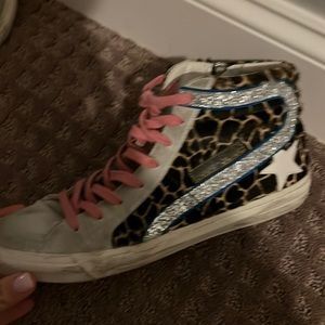 golden goose high tops used! no box! leopard fur pink laces ! size 41 euro